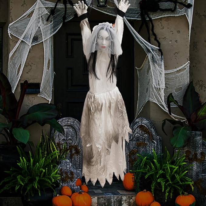 HollyHOME Animated Hanging Bride Ghost Halloween Decor - Glowing Eyes, Creepy Sounds & Shaking Body, Outdoor Scary Haunted House Prop and Yard Decoration 60 Inch