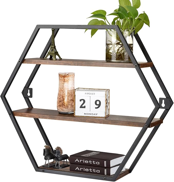 Hexagon Shelves for Wall, Hexagon Floating Shelves, Decorative Geometric Shelf for Wall Decor, Farmhouse Style Shelves for Bathroom Living Room, Rustic Brown Black