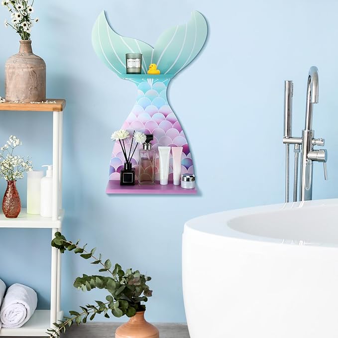 Bencailor Wall Decor Shelf Bedroom Hanging Shelf Wall Mounted Wooden Floating Bathroom Decor for Girls Bedroom Nursery Gift(Classic Mermaid)