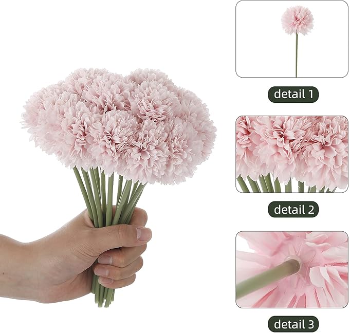 Kimura's Cabin Fake Silk Flowers 20pcs Pink Flowers Artificial Ball Flowers Faux Chrysanthemum Bouquets for Home Dining Table Core Party Wedding Decoration (Pink, Pack of 20)