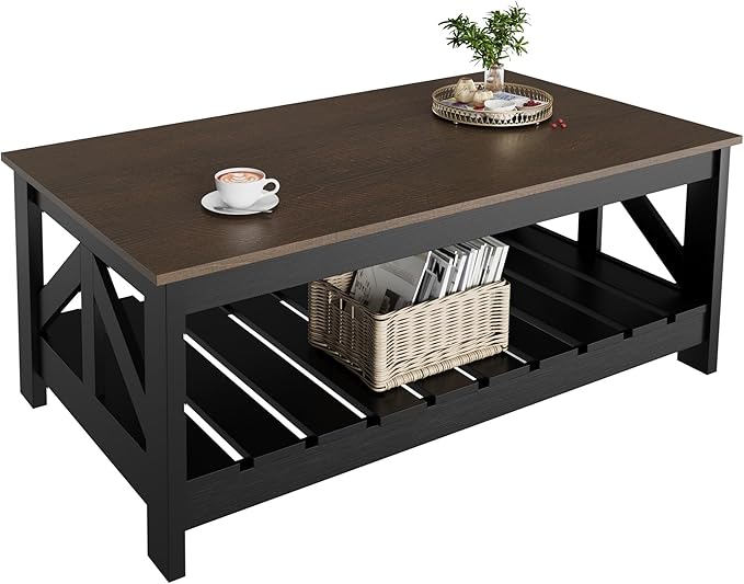 YESHOMY 39" Farmhouse Coffee Table, Coffee Tables for Living Room, Farmhouse Square Coffee Table with Storage, Couch Table, Small Tables for Small Spaces, Brown and Black