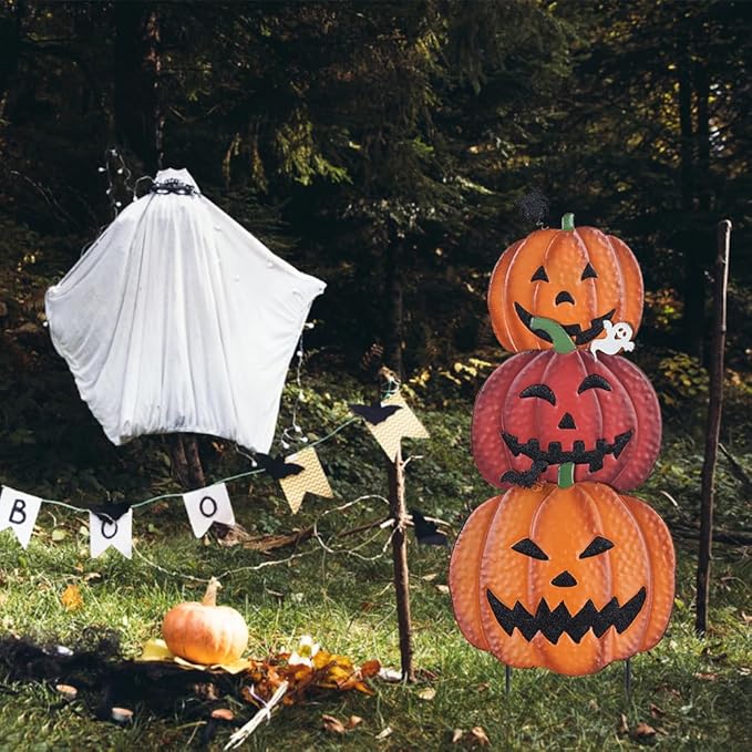 Hogardeck Halloween Decorations: 34" Garden Stakes with 3 Pumpkins & Jack O Lantern Metal Yard Signs for Lawn, Patio & Party