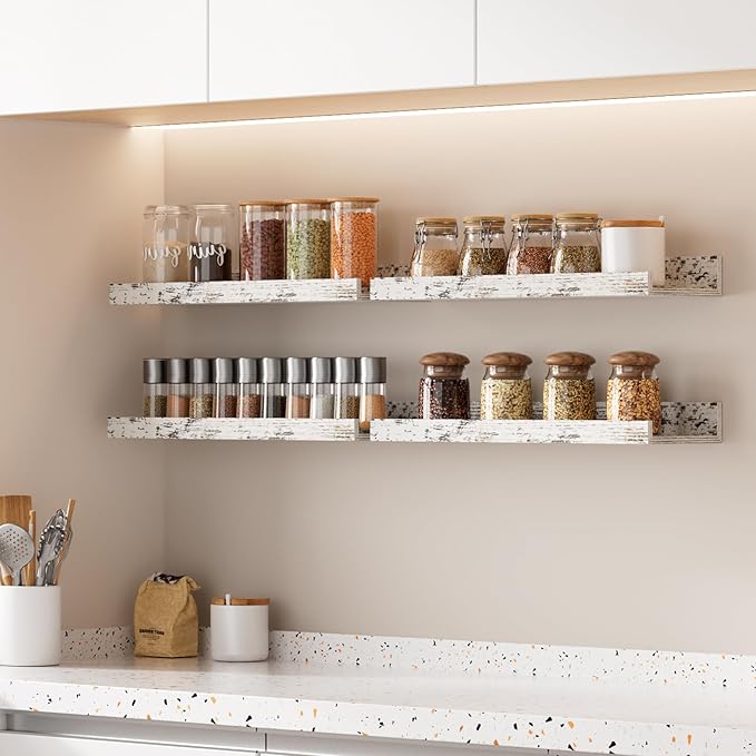 upsimples Floating Shelves for Wall, Wall Shelves for Decor Storage Set of 6, Wall Mounted Wood Shelves for Bedroom, Living Room, Bathroom, Kitchen, Picture Ledge Shelves, Rustic White