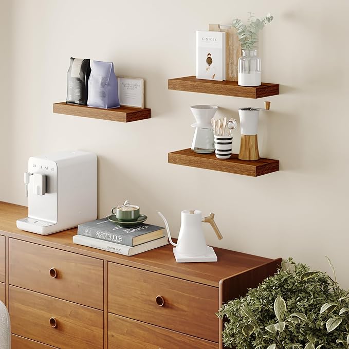 BAMEOS Floating Shelves, 16x6 American Oak Wall Mounted Wooden Shelves with Invisible Brackets Set of 3, Hanging Wall Shelves Decoration for Bedroom, Bathroom, Living Room and Kitchen