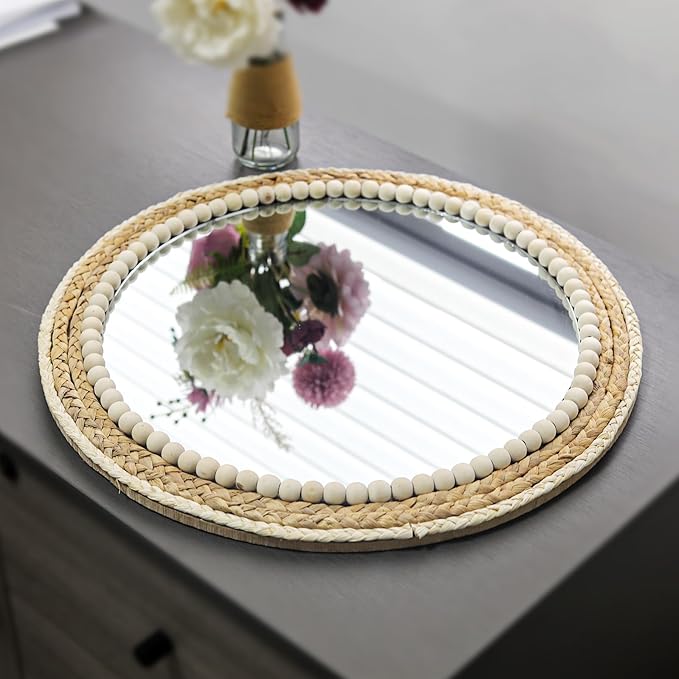 SWTHONY 18 Inch Boho Round Hanging Wall Mirror Decorative Rattan Circle Mirrors for Farmhouse, Living Room, Bedroom