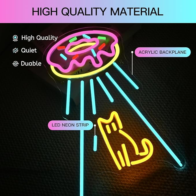 Donut UFO Cat Neon Sign, Dimmable, USB Powered, 5V/2A, 16.5"x10.6" Neon Light for Wall Decor, Donut Shop, Cat Lover, Donut Lover, Kids, Classroom, Bedroom, Cafe, UFO Fans