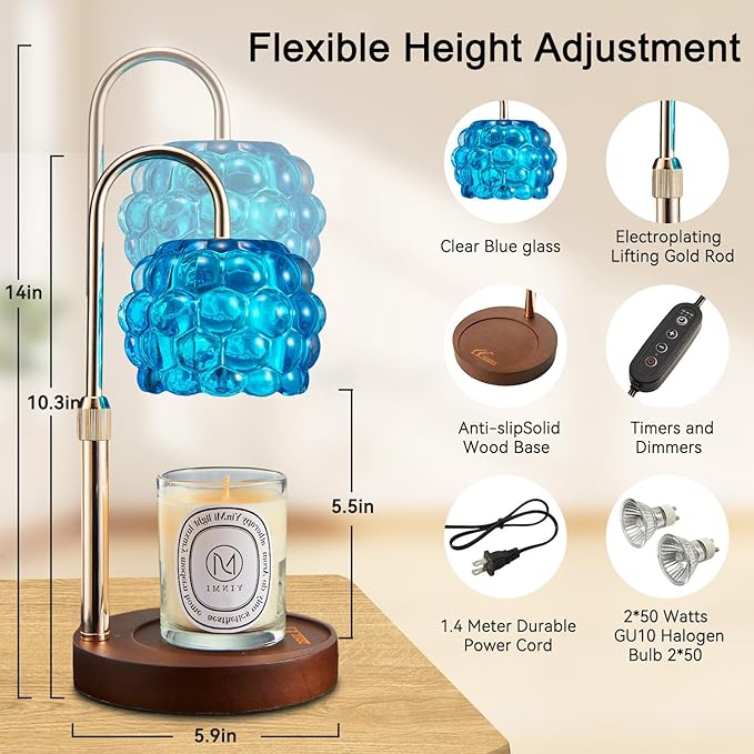 Candle Warmer Lamp with Timer Adjustable - Height Candle Warmer, Dimmer, Vintage Glass Wax Melting Lamps for Home Decor, for Candles in Jars with 2 Bulbs