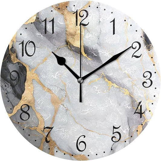 ALAZA Wall Clock Gold Marble White Black Silent Non-Ticking Decorative Wall Clocks Battery Operated 10 Inch for Home Living Room Kitchen Bathroom Bedroom