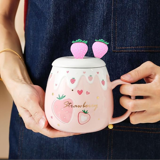 Pink Mug, Cute Strawberry Cup with Cover Spoon, Ceramic Cute Coffee Mugs with strainer, Kawaii Cup for Tea Milk, Gift for Women Girls Student Korean Style 450ML Christmas Birthday