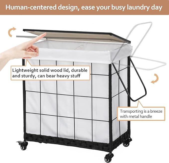 Durable Laundry Hamper with Removable Liner Bag, Heavy Duty Wheels, Wood Lid and Metal Handle - Clothes Sorter and Laundry Basket in White