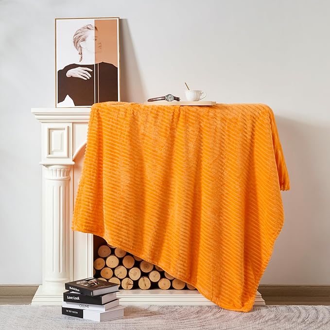 Vessia Flannel Fleece Throw Blanket for Couch,Sofa,Bed(50x70inch), 300GSM Microfiber Orange Striped Chair Blanket for Adults and Kids, Super Soft Warm Cozy Lightweight Ribbed Throw for All-Season