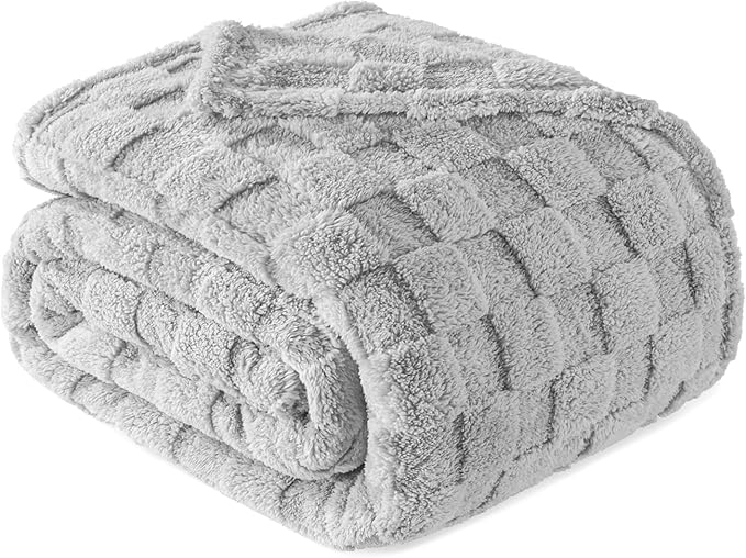 Exclusivo Mezcla Twin Size Flannel Fleece Blanket, Super Soft and Warm Lightweight Checkered Pattern Blankets for All Seasons, 60x80 Inches, Light Grey