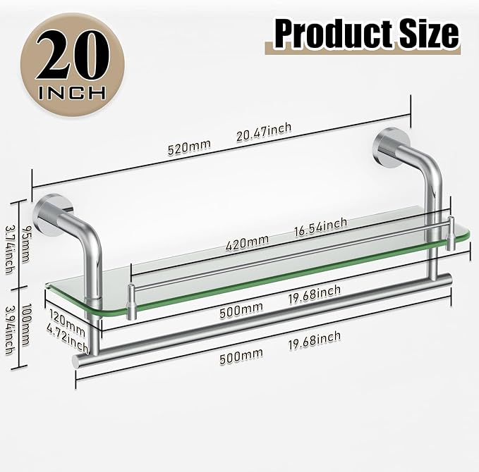Bend Style Glass Shelves with Towel Rack, Chrome Polished Stainless Steel Shelf, 20Inch Tempered Glass Shelves for Wall Shelf Sink Over Toilet Bathroom