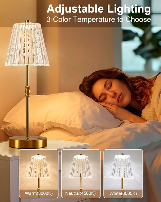 Cordless Table Lamp, 2500mAh Rechargeable Battery Operated Portable Lamp, Dimmable+3 Colors LED Touch Control, Vintage Crystal Lamp for Bedroom, Kitchen, Bar, Office