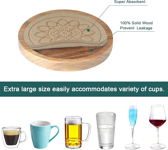 Wood Coasters for Drinks Housewarming Gifts for Home Decoration Coasters Sets of 6 Absorbent Coasters with Holder Funny Coasters for Coffee Tabletop Protection 4.3 Inch Beige, CRB6-B004