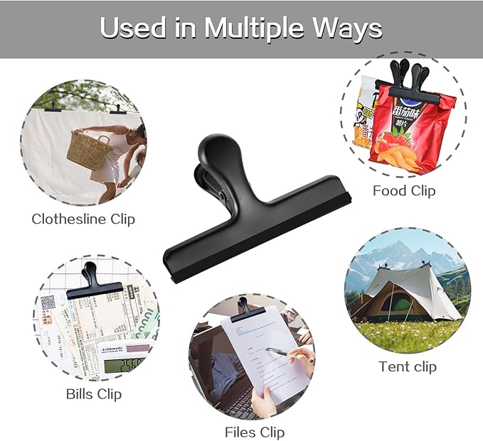 HOUSE AGAIN 6 Pack Stainless Steel Chip Bag Clips Covered with Silicone - NO More Sharp Edges - Color Coded for Food Bags - Air Tight Seal, Heavy Duty for Kitchen and Office, 5 Inches-Black