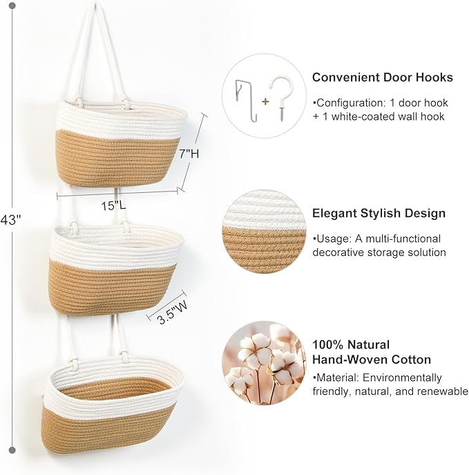 DULLEMELO Hanging Storage Basket for Organizing, 3-Tier Over The Door Organizer, Woven Wall Basket Decor Hanging Baskets for Storage, Versatile Storage for Every Room, White&Jute