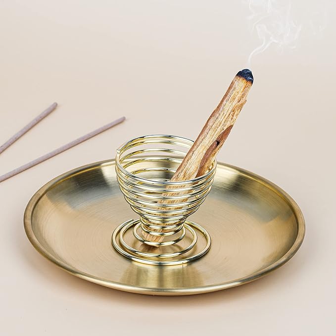 ZenBless 5 in 1 Incense Burner, Palo Santo Holder, Sage Holder, Incense Holder for Incense Sticks/Coil Incense/Incense Cones, 5.5 inches Brass Ash Catcher for Meditation Yoga Room (Gold_2pcs)