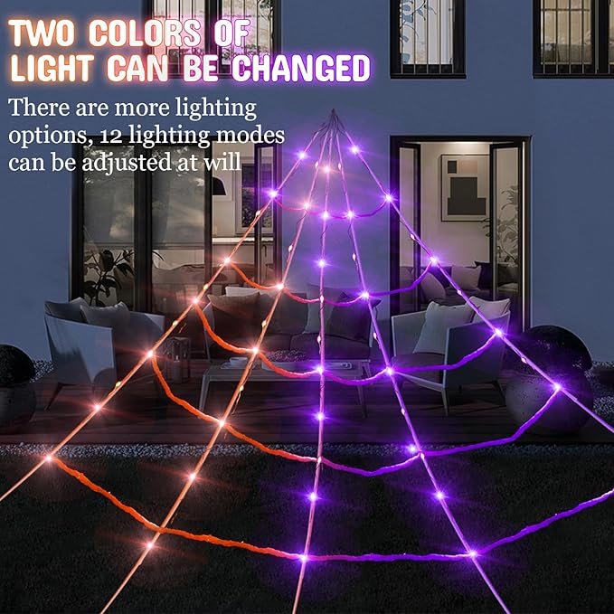 5Ft Giant Lighting Halloween Spider 20 * 17FT Spider Web 250 Led Lights Light Up Purple&Orange Triangular Battery Operated 200sqft Cobweb 20 Small Spiders for Indoor and Outdoor Decor Decoration