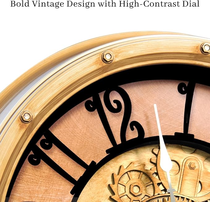 Wall Clock with Moving Gears, Vintage Industrial 16-Inch Silent Non-Ticking Steampunk Timepiece, Retro Frame Analog Battery Operated, Rustic Mechanical Decor for Living Room, Home, Office, Loft(Gold)