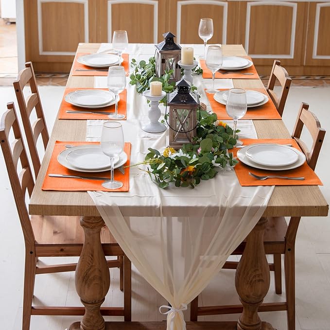 Linen Placemats Set of 8, Machine Washable, Heat Resistant, Wrinkle Free, Thick Polyester Kitchen Place Mats for Dining Table (Orange)