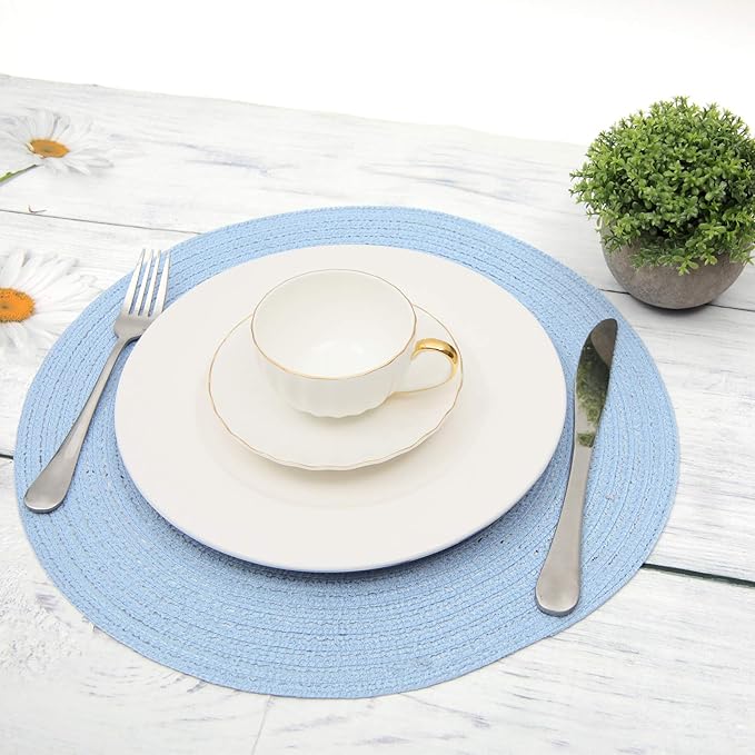 SHACOS Round Braided Placemats Set of 6 Round Table Mats for Dining Tables 15 inch (Light Blue, 6)