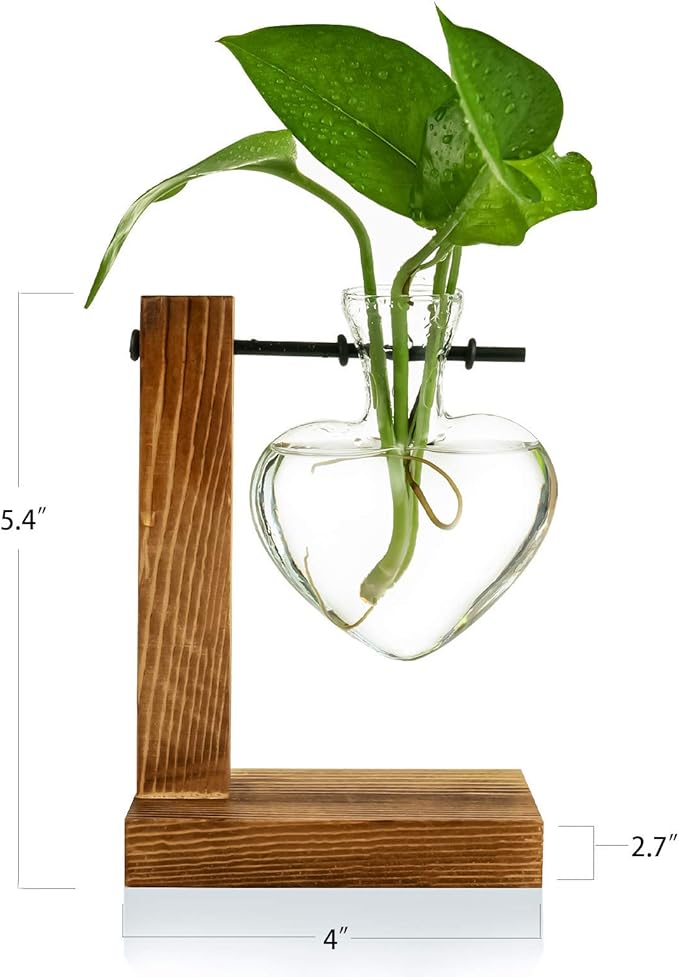 Kingbuy Hydroponic Glass Vase Vintage Desktop Plant Terrarium Planter Bulb Vase Water Planting Propagation Vase Planters Hydroponics Plants with Retro Wooden Stand Home Garden. (D(1 Heart Vase))
