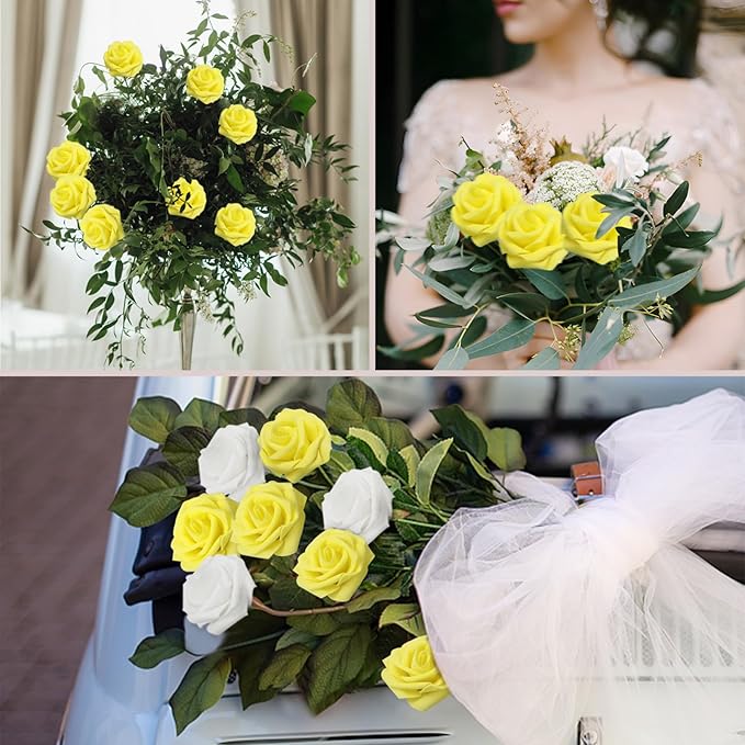 100PCS Yellow Artificial Flowers Roses Real Looking Foam Fake Roses with Leaves and for DIY Wedding Bouquets Bridal Shower Centerpieces Party Decorations (Yellow, 100)
