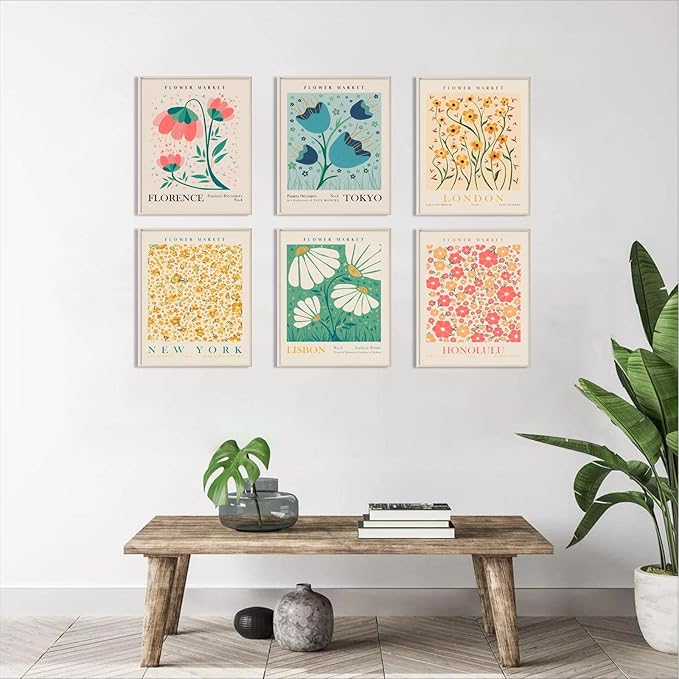 Flower Market Poster Set of 6, Abstract Flower Market Wall Art Prints, Vintage Colorful Floral Wall Art Decor, Boho Room Decor(8x10inch, Unframed)