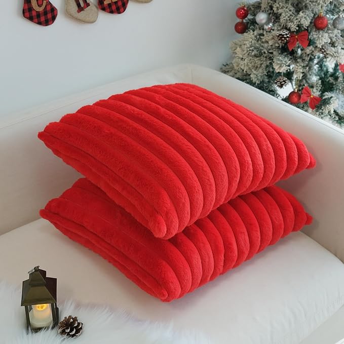 JOJUSIS Pack of 2 Faux Fur Plush Decorative Christmas Red Throw Pillow Covers Couch Cushion Case Soft Pillowcases (Red, 22 x 22-Inch)