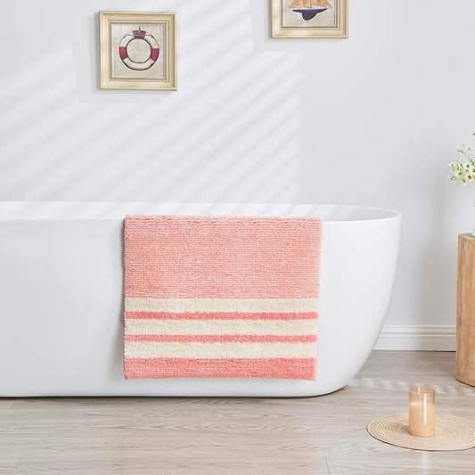 CozeCube Pink Striped Bath mats for Bathroom Non Slip, Fluffy Absorbent Microfiber Bath mat Washable, Aesthetic Bathroom Rugs, Large Bath mat for Sink, 36" x 24"