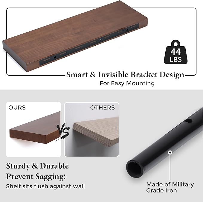 Axeman Floating Shelves, 2 Pack 8 Inch Deep Rustic Solid Wood Wall Shelves for Storage, Wall Mounted Display Shelving with Invisible Heavy-Duty Metal Bracket, 24" W x 8" D x 1.6" H, Walnut