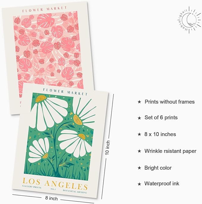 Habseligkeit Flower Market Posters for Room Decor Aesthetic, Danish Pastel Room Decor, Floral Wall Art Prints for Girs Dorm Aesthetic Decor Unframed, 8x10in, Set of 6