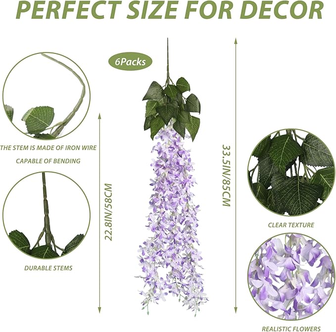 RECUTMS Artificial Lilac Flowers Garland 33.5in Faux Hanging Wisteria Vines 6Pcs Fake Silk Lilac Floral Decoration for Home Garden Wedding Arch Birthday Party Indoor Outdoor (Purple)