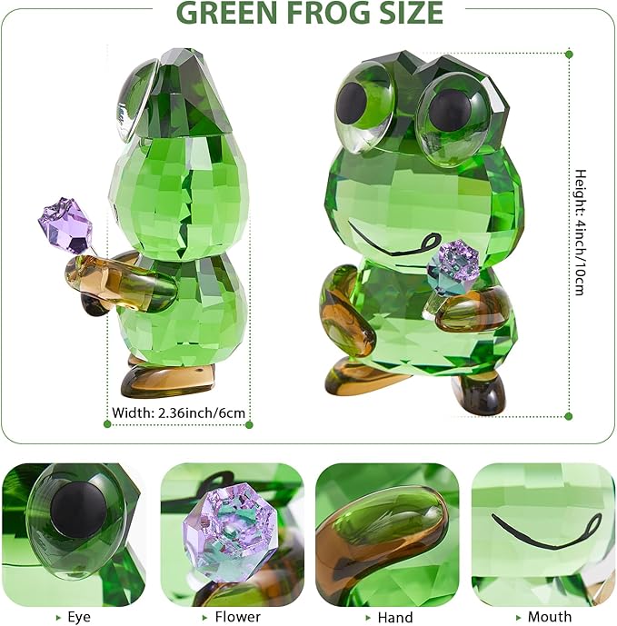 Crystal Frog Figurine with Purple Rose - Glass Animals Desk Decor & Home Office Ornament, Handmade Art Collectible Gifts