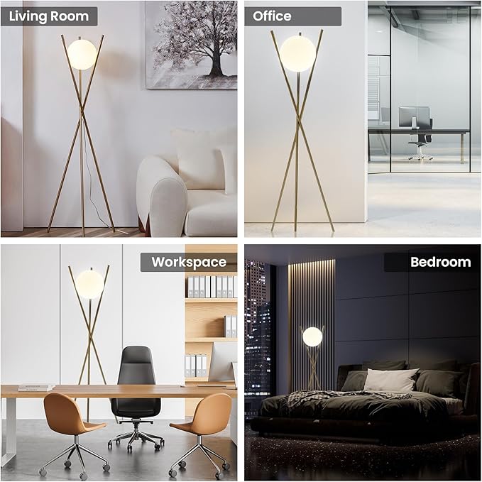 Solstice Modern Frosted Glass Globe Floor Lamp (165cm) Contemporary LED Dimmable Lighting for Bedroom, Living Room, Hotel & Home Office (Gold)