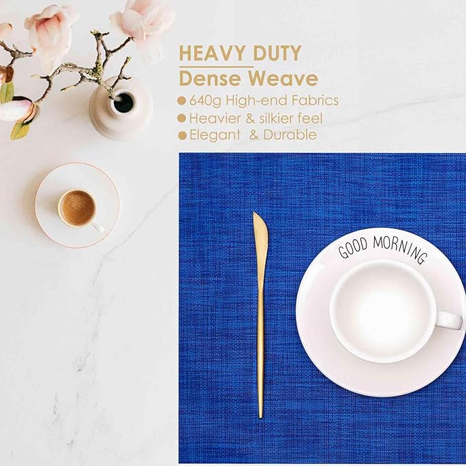 GIVERARE Placemats Set of 4, Heat-Resistant Woven Vinyl Placemat 12x18in, Non-Slip Washable PVC Table Mat, Easy to Clean Premium Plastic Mats for Dining, Kitchen Table (Navy Blue)