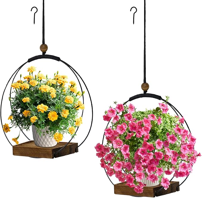 2 Pack Hanging Planter for Indoor Plants, Black Plant Hanger with Sturdy Wood Base, Modern Boho Macrame Hanger, Wall Ceiling Window Planter (Plants/Pots Not Included)