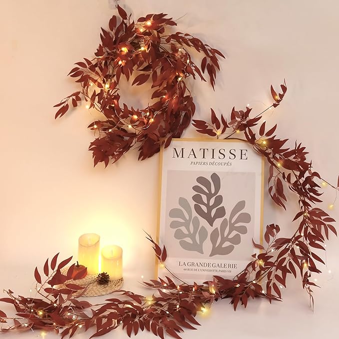 Artificial Hanging Willow Vine Twigs Whit Light 2Pcs 5.7Ft Fake Fall Garland Faux Silk Willow Leaves Ivy Indoor Outdoor Wedding Jungle Birthday Autumn Wreath Thanksgiving Christmas Party Decor