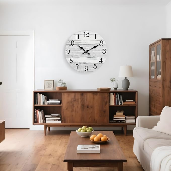 Wall Clock Battery Operated 16 Inch Large Gray Silent Non Ticking Country Rustic Design Vintage Retro Decorative for Bathroom Kitchen Living Room Bedroom