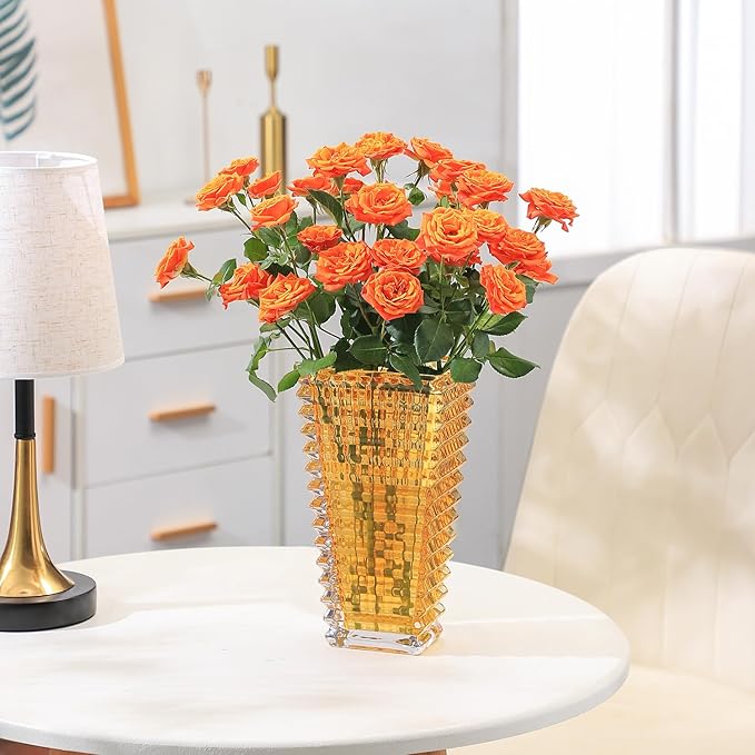 MCMCNCUIU Crystal Vase, Large Crystal Vases for Flowers, Large Flower Vase, Modern Amber Vases for Living Room, Bedroom, Kitchen, Dining Table, Mantle, Wedding, 9 Inches