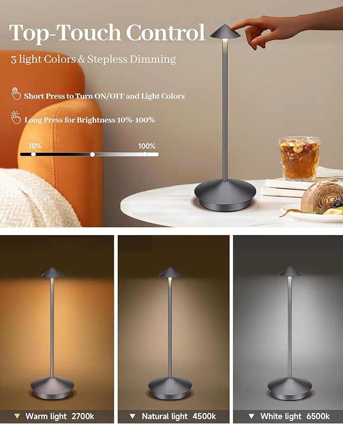 Portable Cordless Table Lamp Modern Led Desk Lamp Rechargeable 2 Pack, 6000mAh Battery Table Light for Dinning Patio Bedroom Camping Coffee shop Restaurant, IP54 Waterproof, Dimmable 3 Light Color
