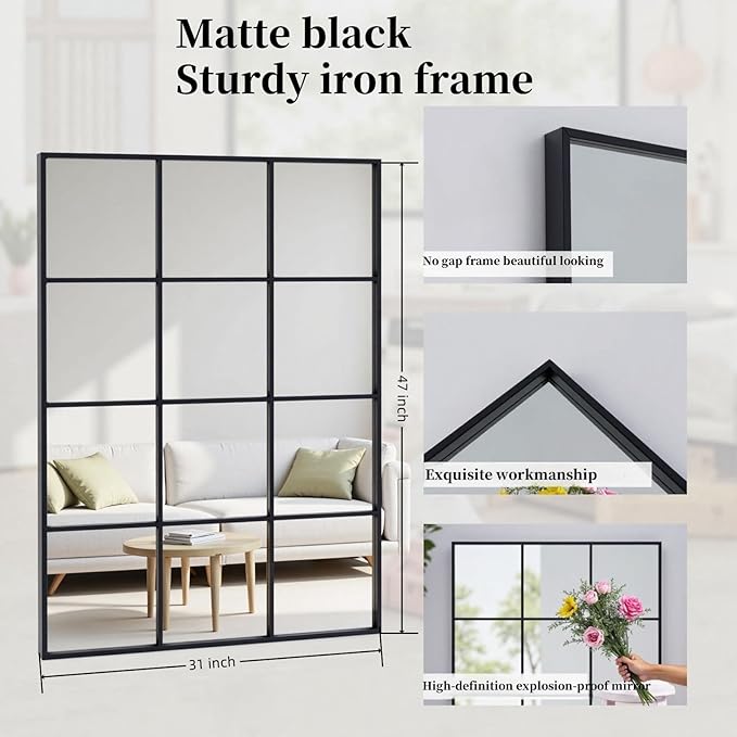 Rectangle Window Mirror Wall Mounted, 31"x47"in Window Pane Mirror Wall Decor Metal Framed, Large Black Mirrors for Bedroom Living Room Fireplace Entryway Hanging or Leaning Against Wall,Black