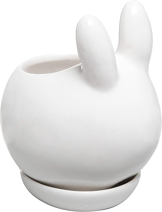 MyGift Mini Ceramic Bunny Planter, Decorative Rabbit Design White Small Flower Pot Succulent Planter with Detached Saucer