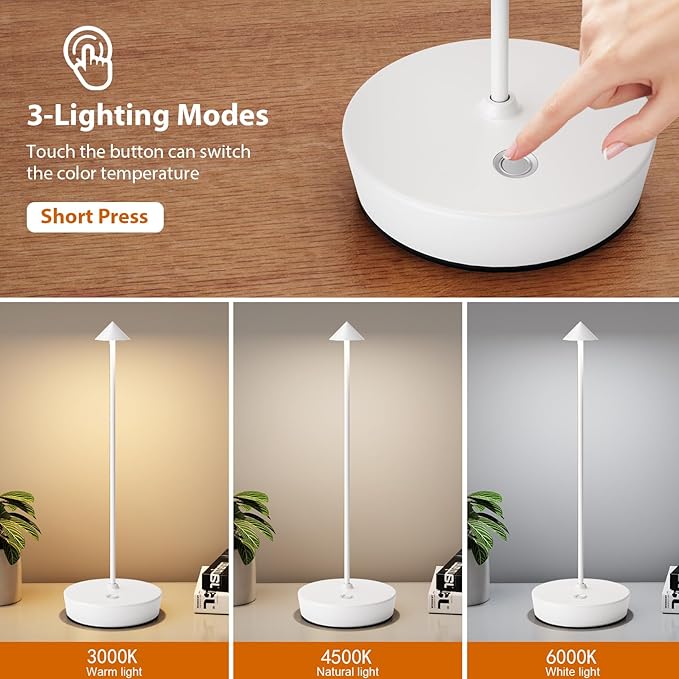2Pack Rechargeable Cordless Table Lamp, Portable Powered LED Battery 6000mAh Metal USB Desk Lamp, 3 Levels Brightness Light for Restaurants Outdoor (2pack White)