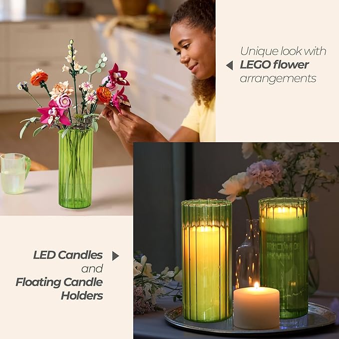 ComSaf Glass Cylinder Vases, Bud Vase for Centerpieces, 8 Inch Tall Ribbed Vase Hurricane Floating Candle Holder, Decorative Flower Vases for Wedding Reception, Home Decor, Housewarming Gift (Green)