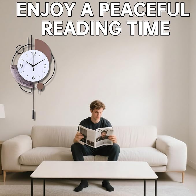 Wall Clock, Silent Non-Ticking Quality Quartz Battery Operated with Pendulum, Large Wall Clock for Living Room Kitchen Home Bathroom Bedroom Wall Decor, 13x21.65inch(Brown)