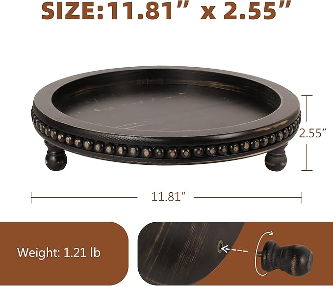 Wooden Tray for Home Decor, Round Wood Beaded Tray, Decorative Tray for Living Room Decor Coffee Table Decor Kitchen Table Decor or Farmhouse Decor Serving Tray (Black)