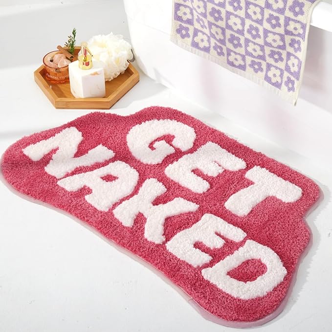 Irregular Shaped Get Naked Bath Mat Hot Pink - Fun Bath mat, Small Preppy Bathroom Decor, Funny Aesthetic Bathroom Rugs for Apartmen Decor, Non-Slip Hot Pink Bath Rugs for Girls 31" x 18"