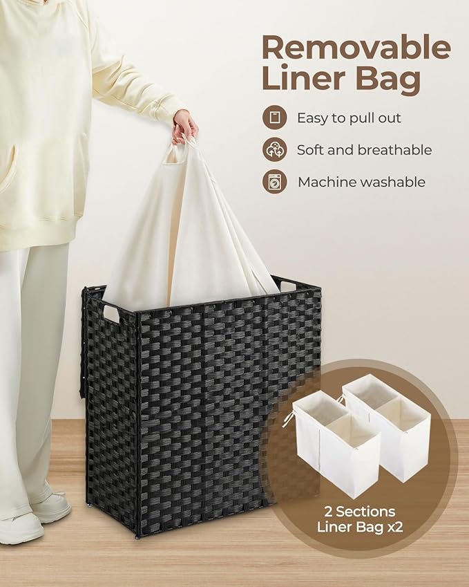 Greenstell Laundry Hamper with lid, No Install Needed, 110L Wicker Laundry Baskets Foldable 2 Removable Liner Bags, 2 Section Clothes Hamper Handwoven Rattan Laundry Basket with Handle, Black